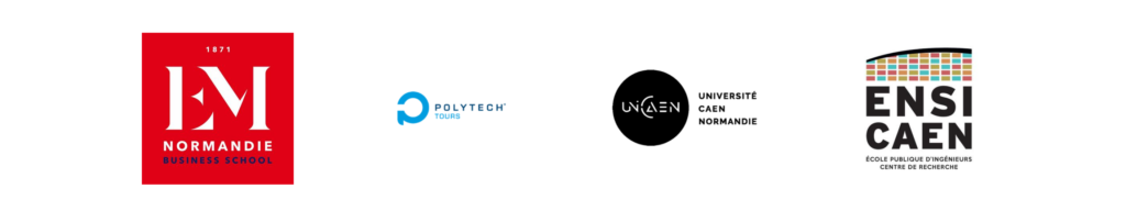 Logo des enseignements supérieurs où nous sommes intervenus.
Logo de l'EM Normandie Business School, logo de Polytech Tours, logo de l'université de Caen puis de l'ENSI Caen